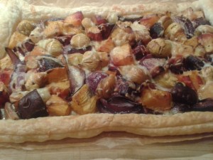Roasted vegetables, chestnuts and smoked cheese autumn tart