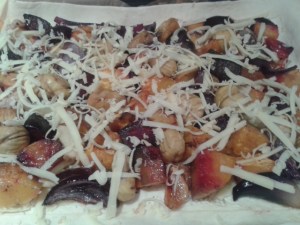 Roastd vegetables, chestnuts and smoked cheese tart greens of glastonbury cheese