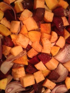 Roasted vegetables, chestnuts and smoked cheese tart